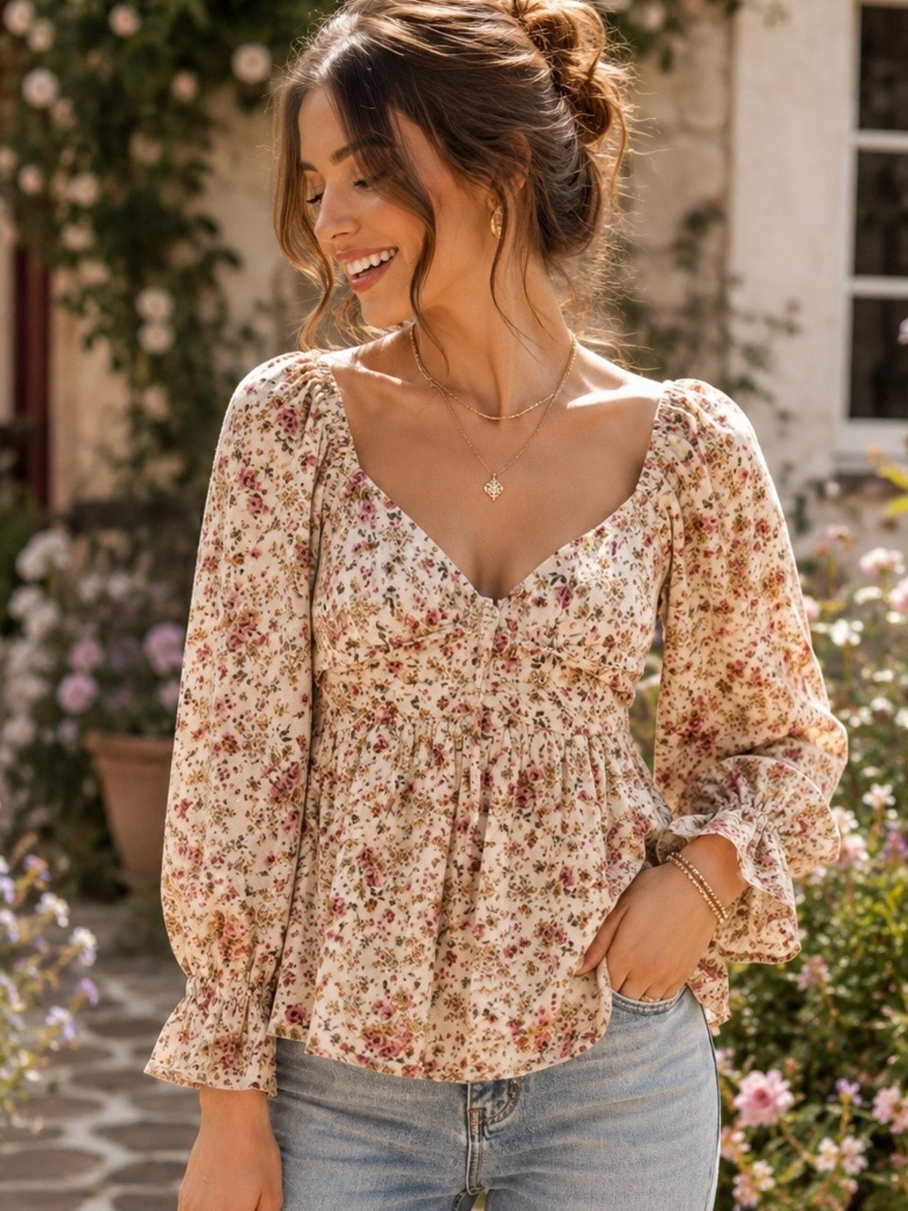 Entro Floral Peplum Blouse NWT Large Puff Sleeve Smocked Back Cottagecore - Picture 1 of 8